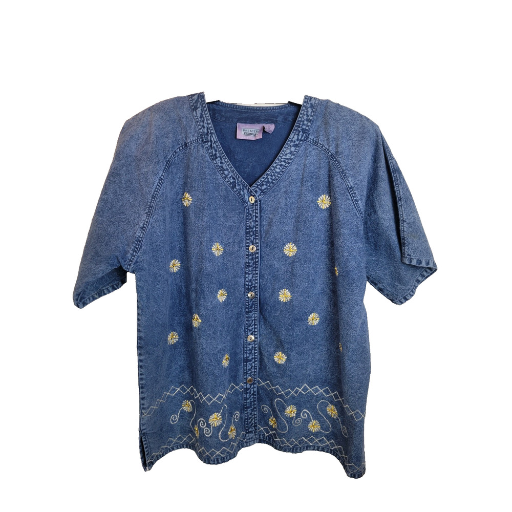 VTG Premier International Blue Denim Embellished Short‎ Sleeve Top Women's Sz 2X